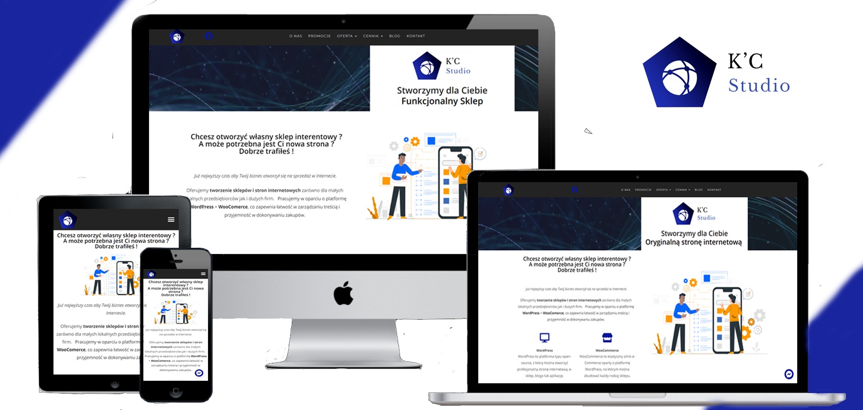 Prezentacja responsywnej strony internetowej K'C Studio na monitorze, laptopie, tablecie i smartfonie, z ilustracją projektantów i tekstem 'Stworzymy dla Ciebie Funkcjonalny Sklep'.