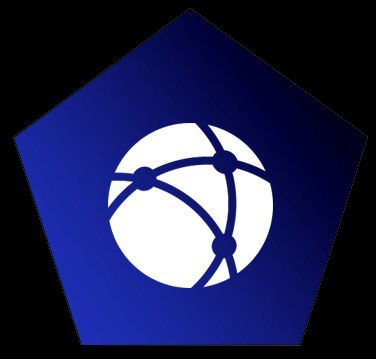 Biały symbol globalnej sieci wewnątrz niebieskiego pięciokąta.