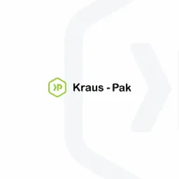 Logo firmy Kraus-Pak z zielonym heksagonalnym symbolem i nazwą na białym tle, z delikatnym, szarym znakiem wodnym w tle.