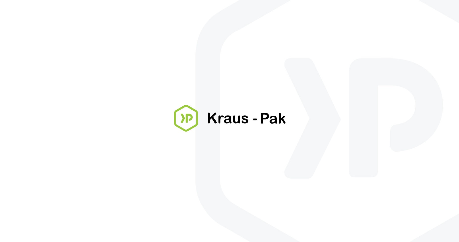 Logo firmy Kraus-Pak z zielonym heksagonalnym symbolem i nazwą na białym tle, z delikatnym, szarym znakiem wodnym w tle.