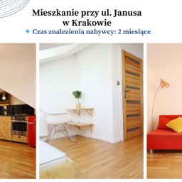 Estates KRK - Wnętrze mieszkania: kuchnia z barkiem z płyty OSB, białe ściany, drewniana podłoga, czerwona sofa z żółtymi poduszkami, minimalistyczny styl. Mieszkanie na sprzedaż.