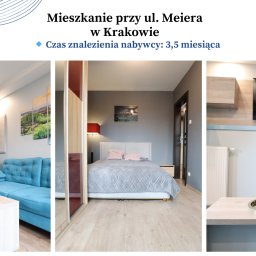 Estates KRK - Kolaż wnętrz mieszkania: salon z turkusową kanapą, sypialnia z szarą pościelą i stolik z owocami. Prezentacja oferty nieruchomości.