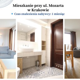 Estates KRK - Jasne wnętrze mieszkania z trzema kadrami: salon z jadalnią, łazienka z mozaiką i pokój dzienny z balkonem. Prezentacja mieszkania na sprzedaż.