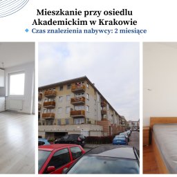 Estates KRK - Prezentacja mieszkania w Krakowie: nowoczesna kuchnia, widok na osiedle, sypialnia z łóżkiem. Czas sprzedaży: 2 miesiące.
