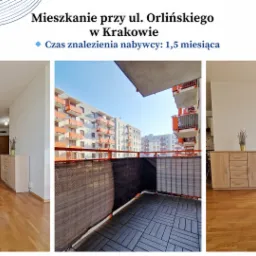 Jasne wnętrze mieszkania w Krakowie z balkonem i widokiem na budynki. Prezentacja nieruchomości z informacją o czasie sprzedaży: 1,5 miesiąca.