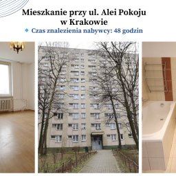 Estates KRK - Kompilacja: Pusty pokój z parkietem, blok z drzewami, łazienka z wanną i toaletą. Prezentacja mieszkania na sprzedaż przy ul. Alei Pokoju w Krakowie.