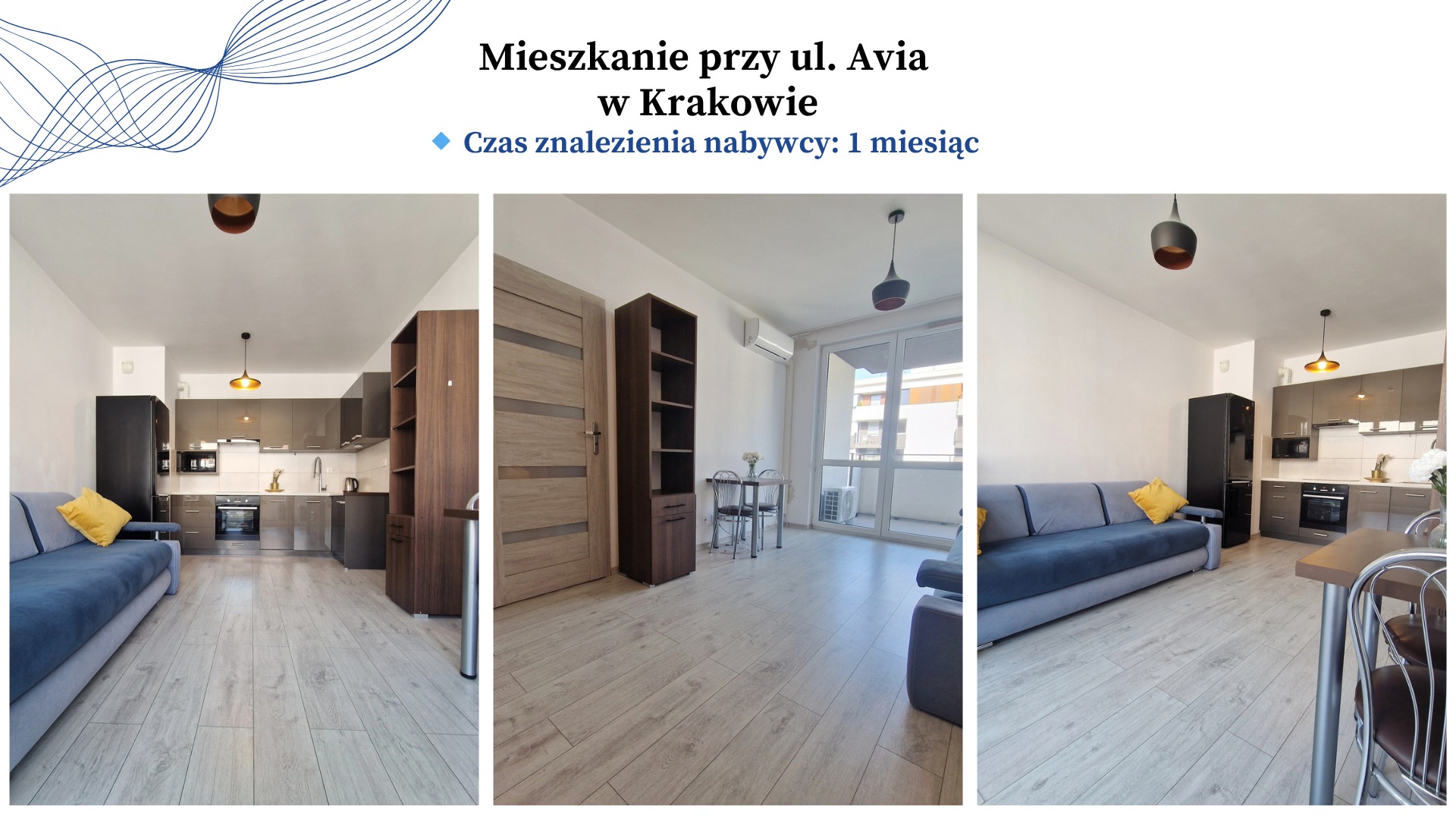 Kompaktowe mieszkanie w Krakowie, z aneksem kuchennym, sofą i balkonem. Na zdjęciu widoczna informacja: Czas znalezienia nabywcy: 1 miesiąc.