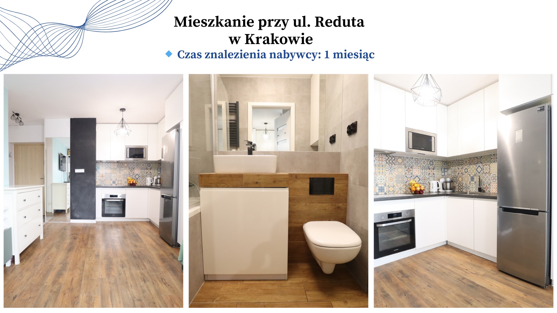 Nowoczesne mieszkanie w Krakowie: kuchnia z drewnianą podłogą, białe szafki, kolorowe płytki, łazienka z umywalką na drewnianym blacie, toaleta. Oferta sprzedaży.