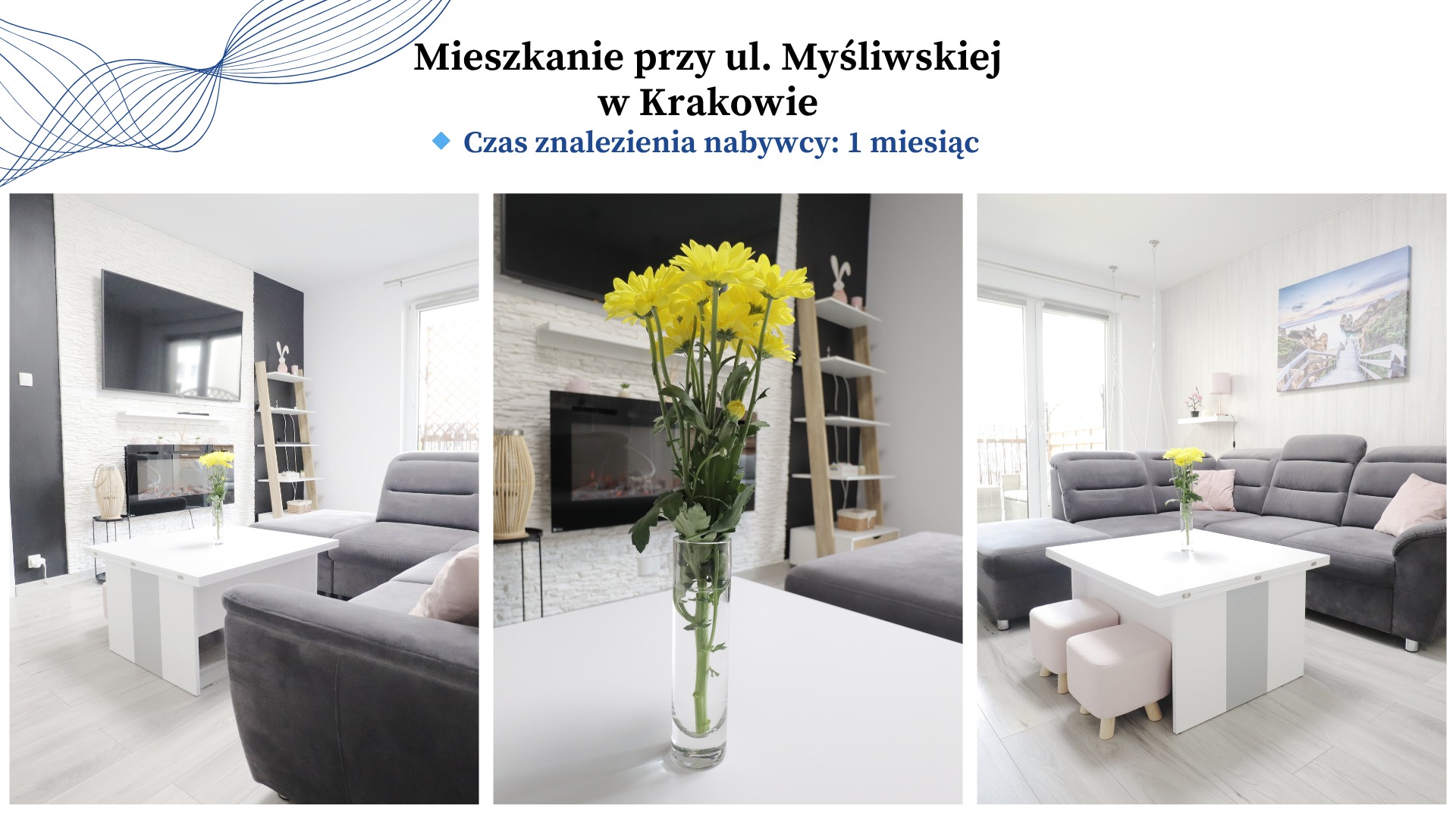Kolaż trzech ujęć salonu w jasnych barwach z szarą sofą, białym stolikiem i elementami dekoracyjnymi. Napis 'Mieszkanie przy ul. Myśliwskiej w Krakowie'.