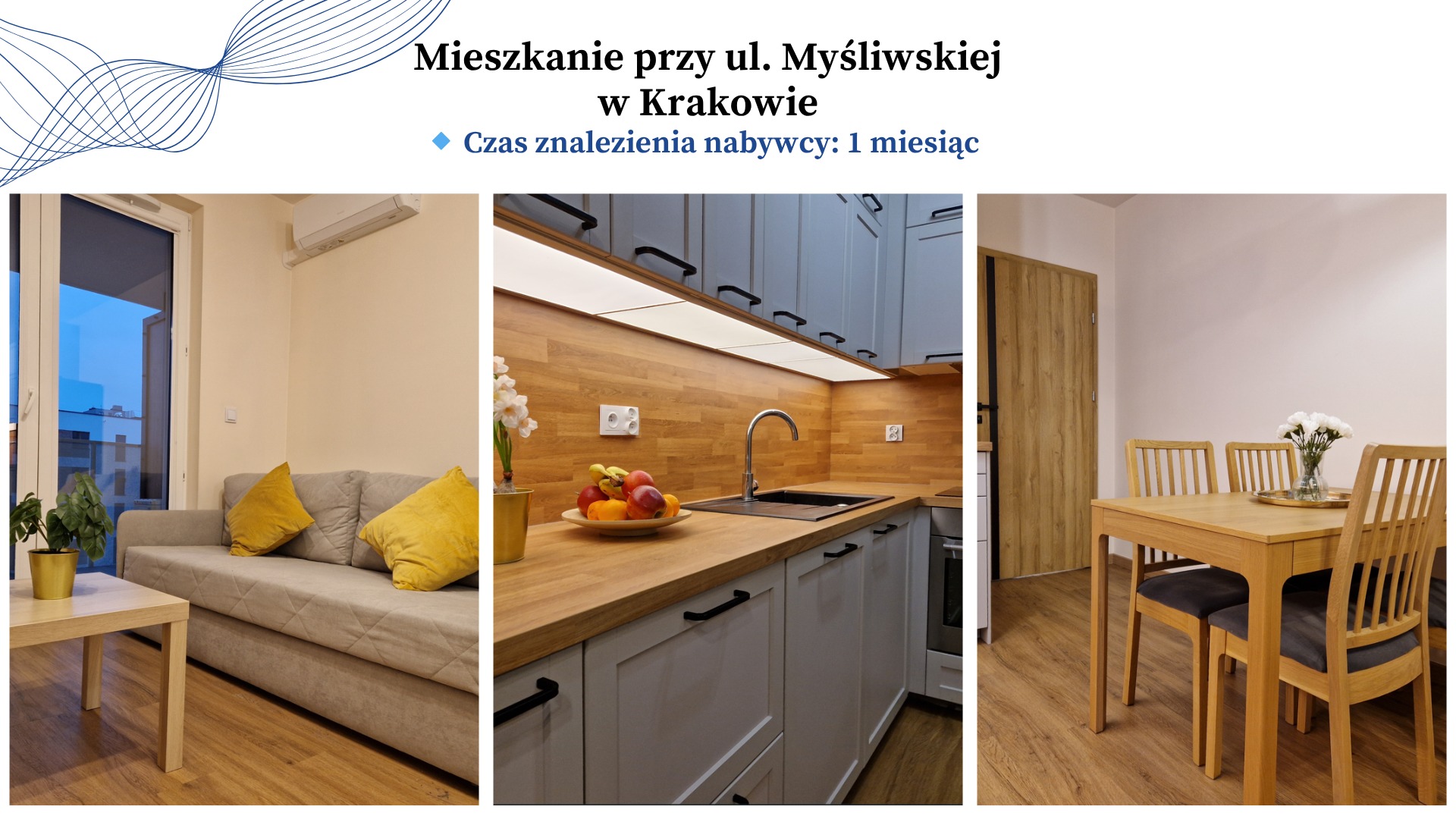 Jasne wnętrze mieszkania w Krakowie: salon z balkonem, kuchnia z drewnianym blatem, jadalnia z kwiatami. Aranżacja wnętrz w neutralnych barwach.