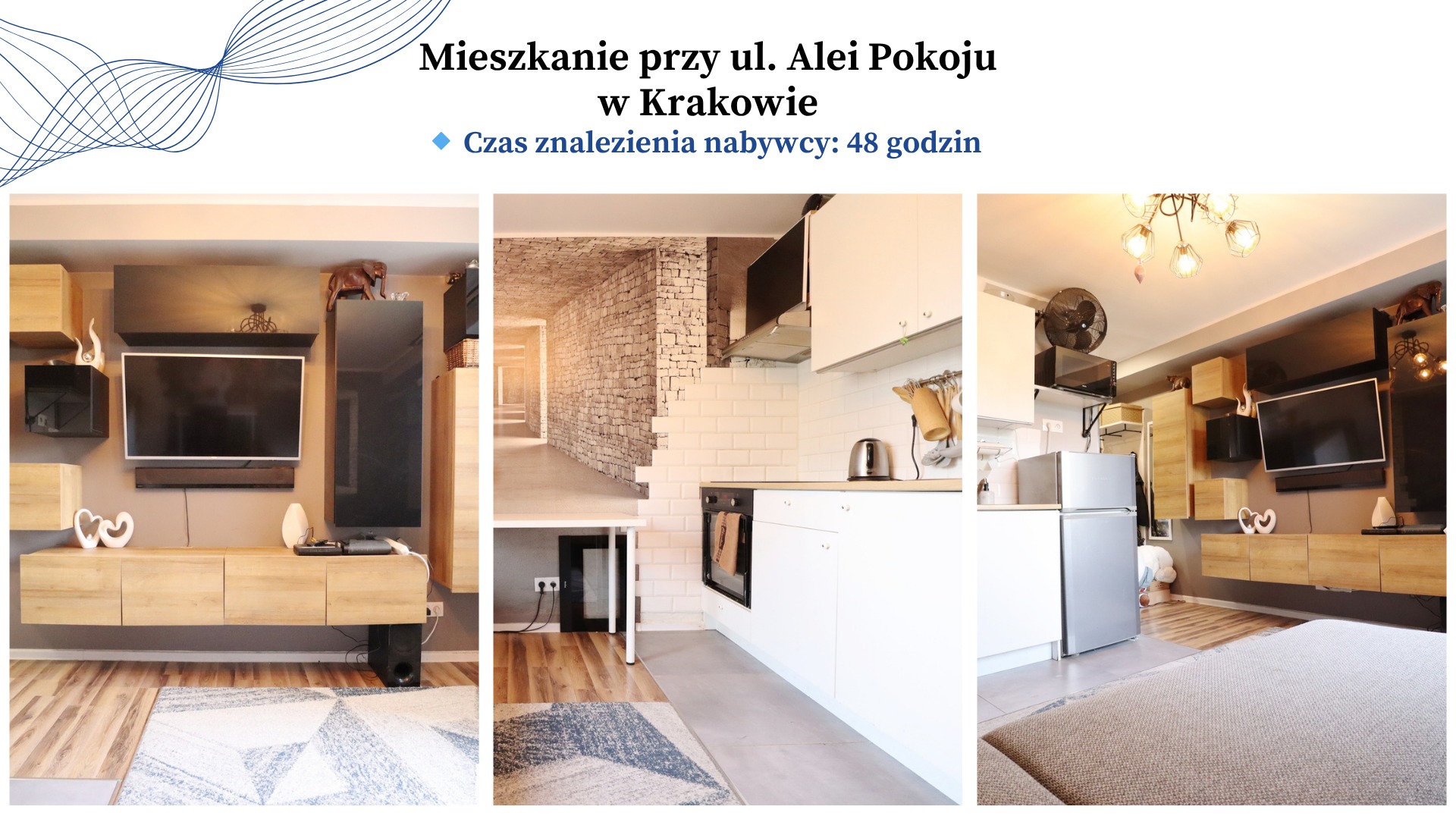 Kompozycja trzech kadrów wnętrz: salon z TV, przejście z cegłą, kuchnia z białymi szafkami. Mieszkanie przy ul. Alei Pokoju w Krakowie.