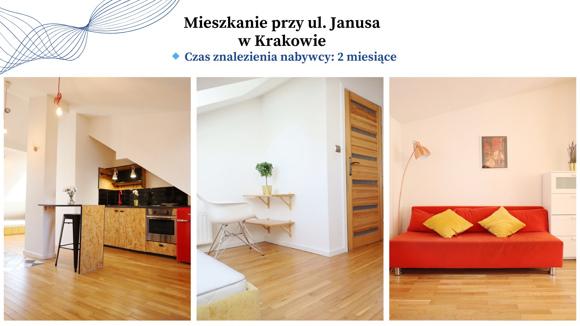 Wnętrze mieszkania: kuchnia z barkiem z płyty OSB, białe ściany, drewniana podłoga, czerwona sofa z żółtymi poduszkami, minimalistyczny styl. Mieszkanie na sprzedaż.
