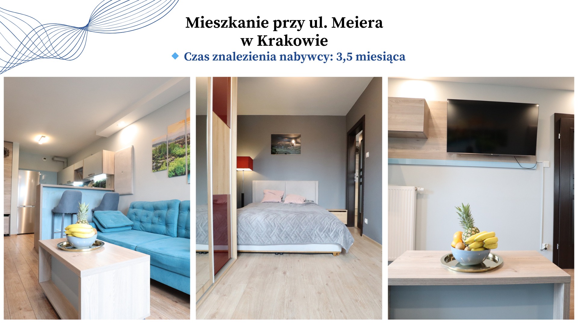 Kolaż wnętrz mieszkania: salon z turkusową kanapą, sypialnia z szarą pościelą i stolik z owocami. Prezentacja oferty nieruchomości.