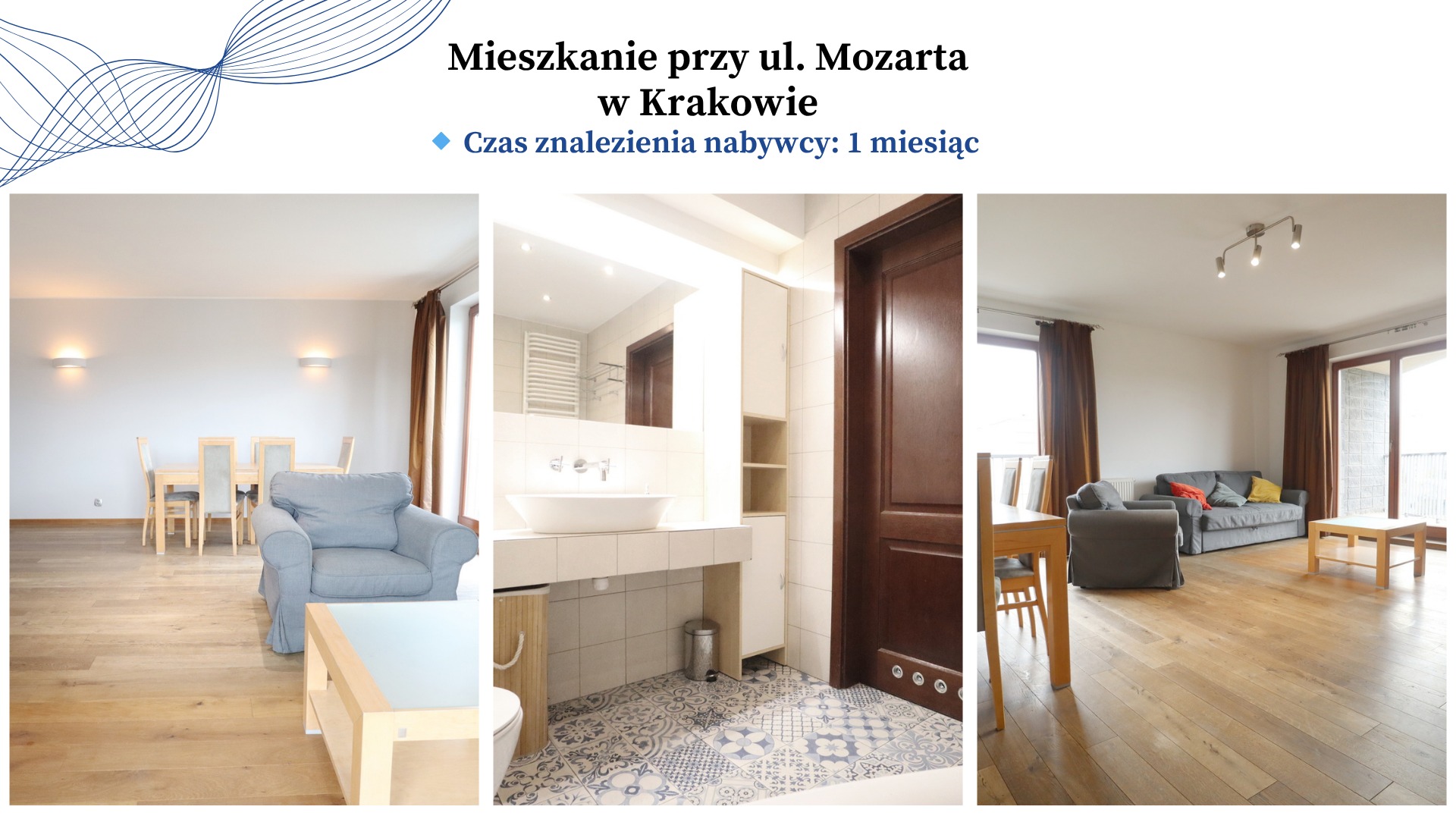 Jasne wnętrze mieszkania z trzema kadrami: salon z jadalnią, łazienka z mozaiką i pokój dzienny z balkonem. Prezentacja mieszkania na sprzedaż.