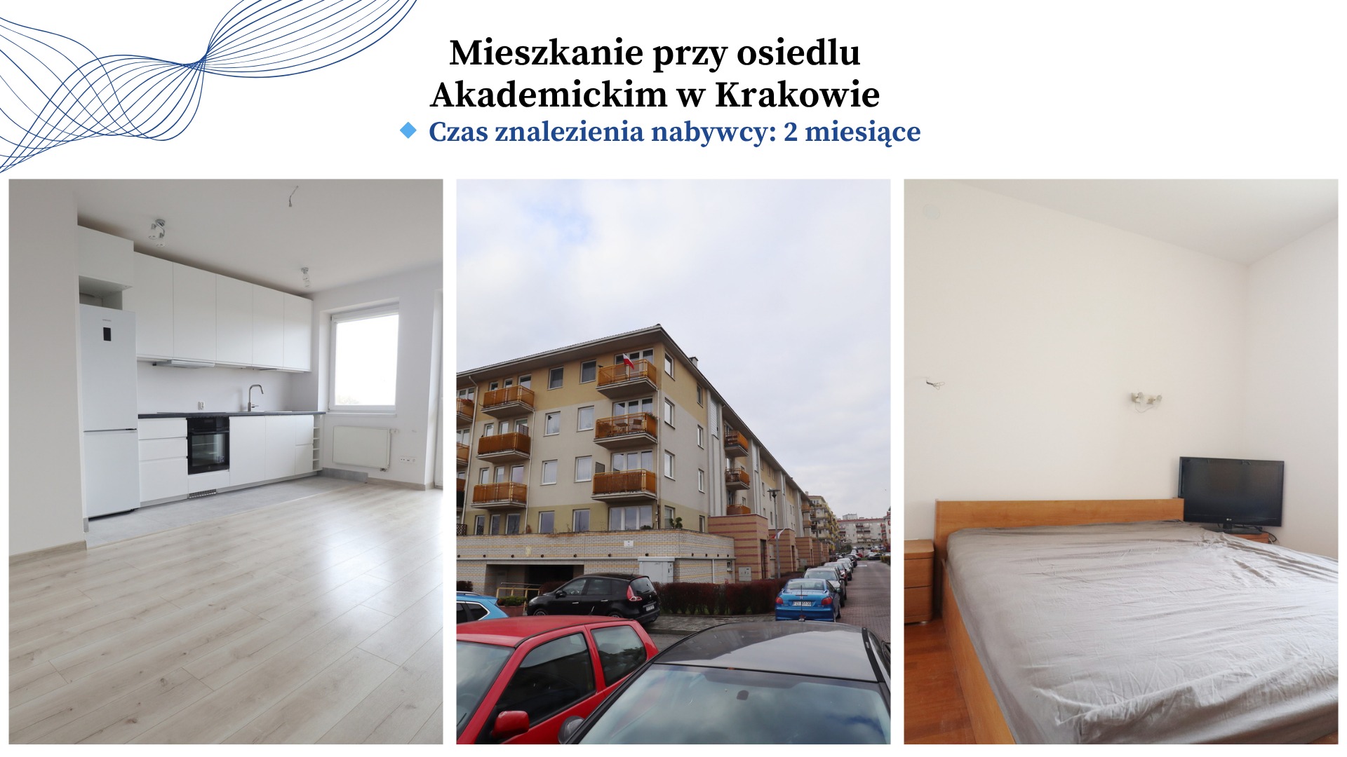 Prezentacja mieszkania w Krakowie: nowoczesna kuchnia, widok na osiedle, sypialnia z łóżkiem. Czas sprzedaży: 2 miesiące.