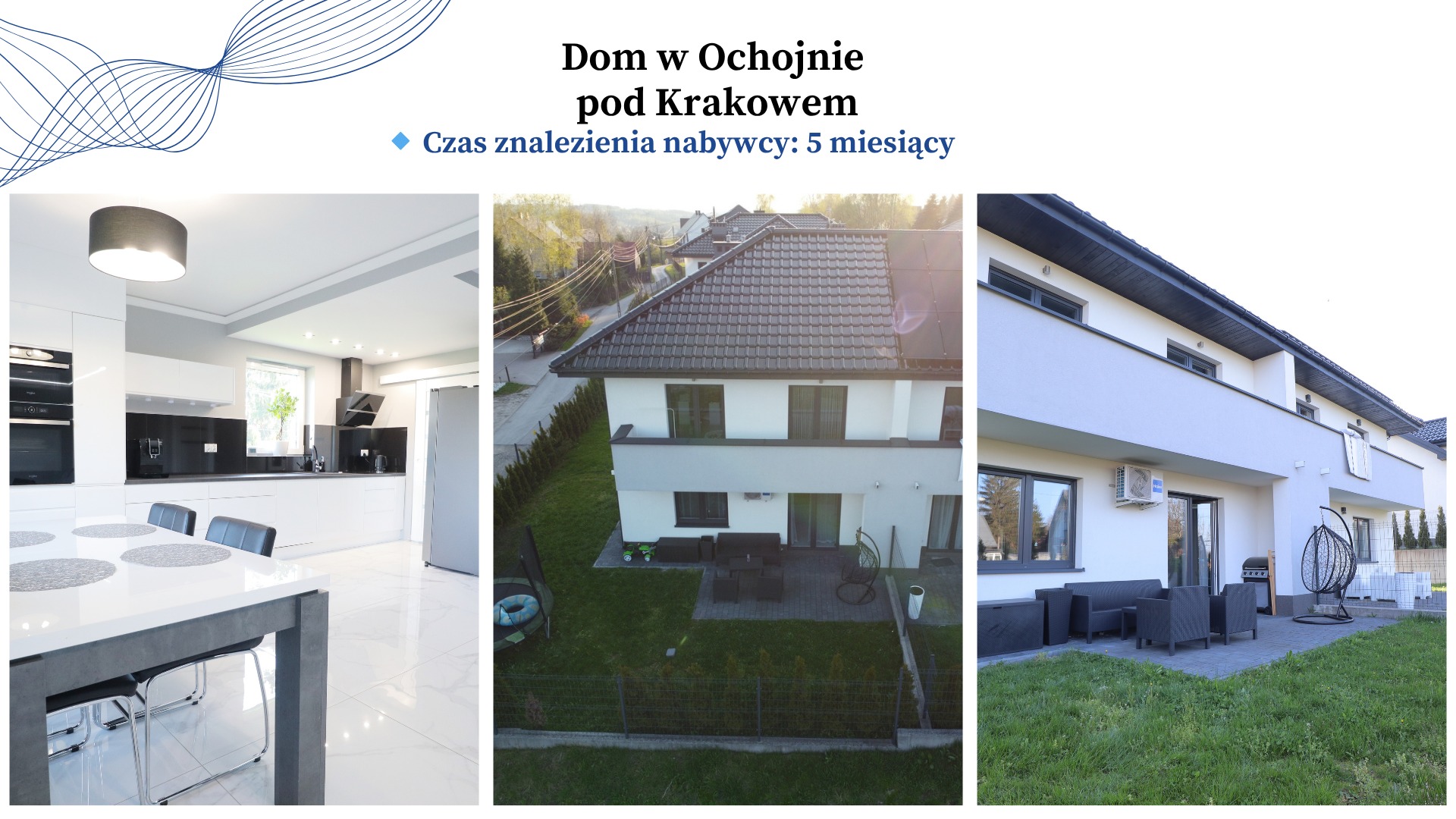 Nowoczesny dom z tarasem i ogrodem w Ochotnicy pod Krakowem, wnętrze z białą kuchnią. Prezentacja nieruchomości na sprzedaż.