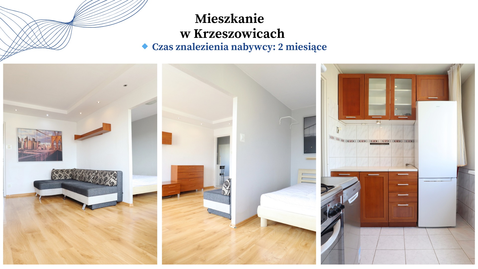 Wnętrze mieszkania w Krzeszowicach: salon z sofą, sypialnia z komodą i kuchnia z brązowymi szafkami, prezentowane w formie kolażu. Jasne, przestronne wnętrza.