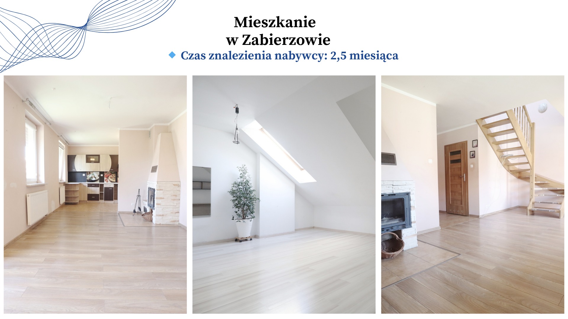 Jasne wnętrze mieszkania w Zabierzowie, prezentowane w trzech kadrach: salon z kominkiem, poddasze z oknem dachowym oraz schody drewniane, parkiet na podłodze.