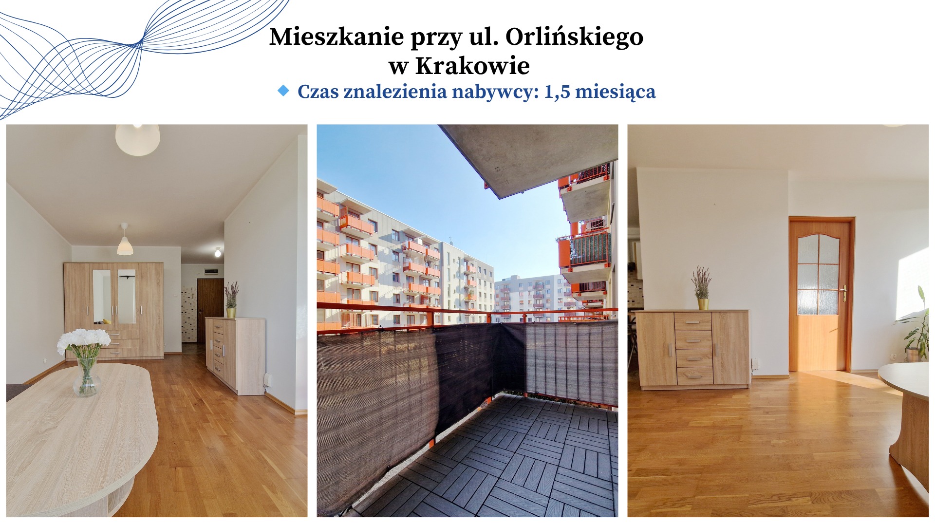 Jasne wnętrze mieszkania w Krakowie z balkonem i widokiem na budynki. Prezentacja nieruchomości z informacją o czasie sprzedaży: 1,5 miesiąca.