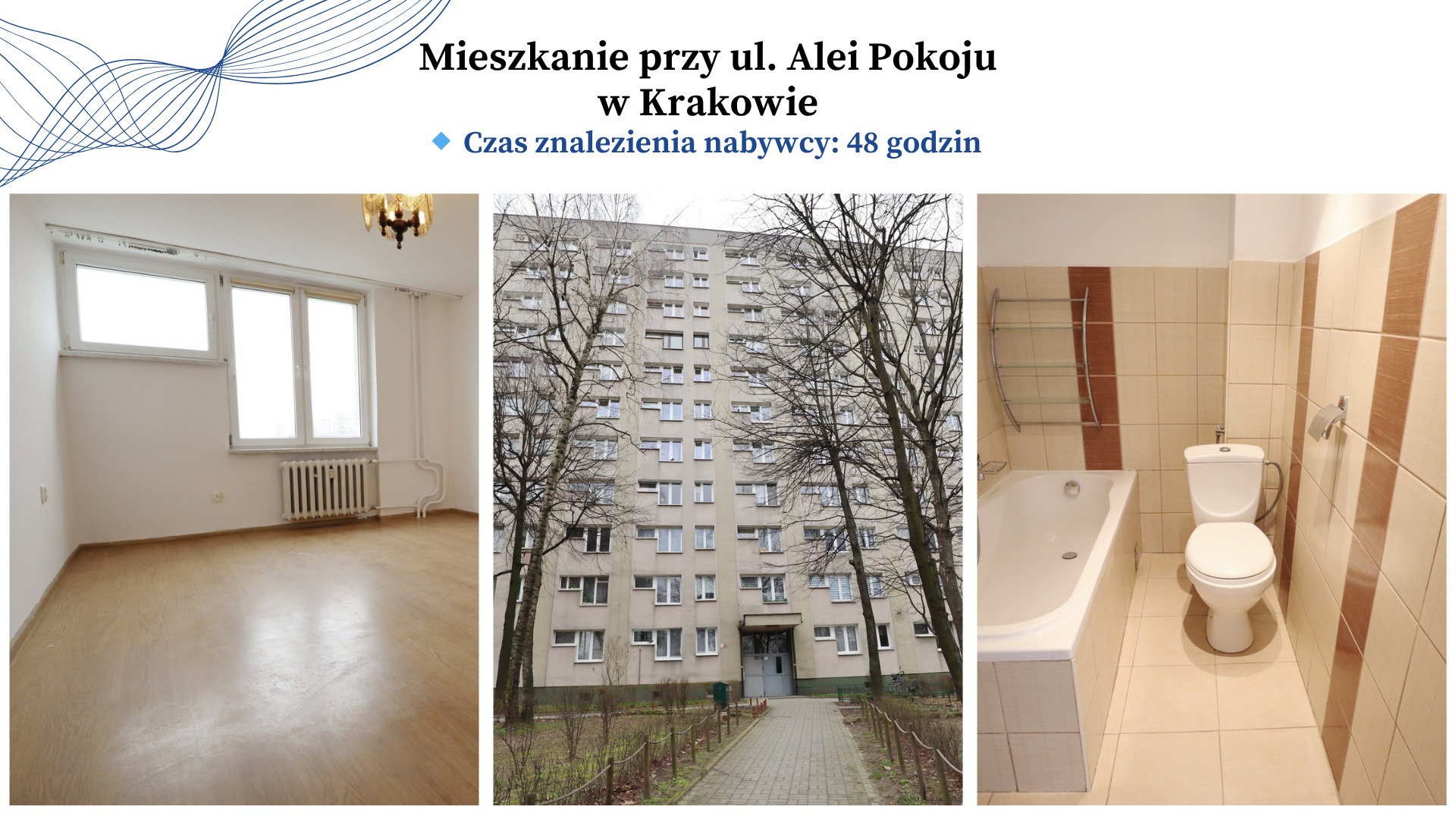 Kompilacja: Pusty pokój z parkietem, blok z drzewami, łazienka z wanną i toaletą. Prezentacja mieszkania na sprzedaż przy ul. Alei Pokoju w Krakowie.