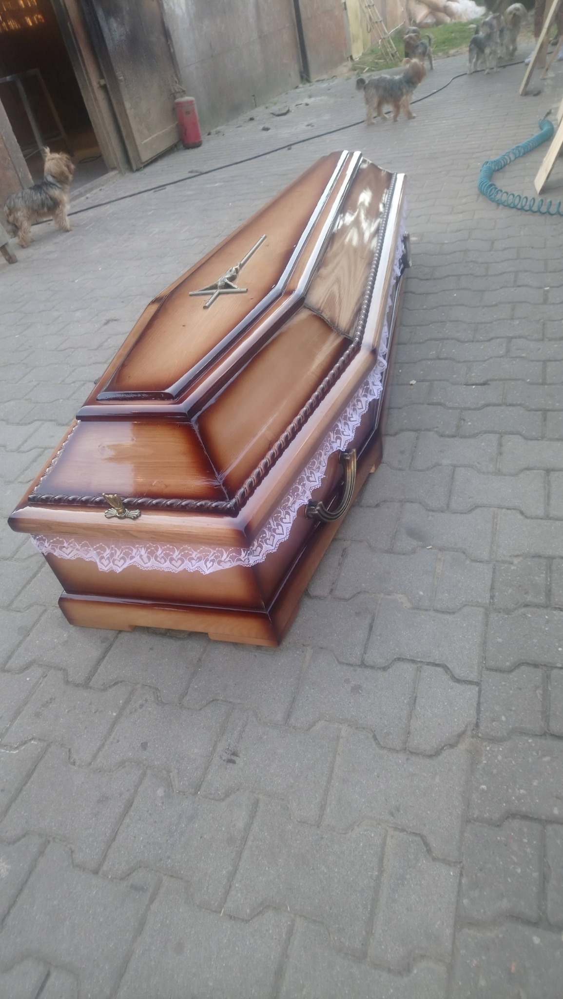 Lakierowana, drewniana trumna z ozdobną koronką i metalowym krzyżem, wykonana w Słupsku, leży na szarej kostce brukowej w otoczeniu psów.