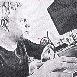 Stylizowany portret mężczyzny pracującego przy komputerze z tabletem graficznym; widok z profilu na twarz i dłonie w trakcie pracy.