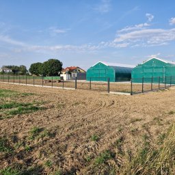 Ogrodex - Ciemna siatka ogrodzeniowa otacza pole z dwoma zielonymi tunelami foliowymi w tle, pod błękitnym niebem z białymi chmurami.