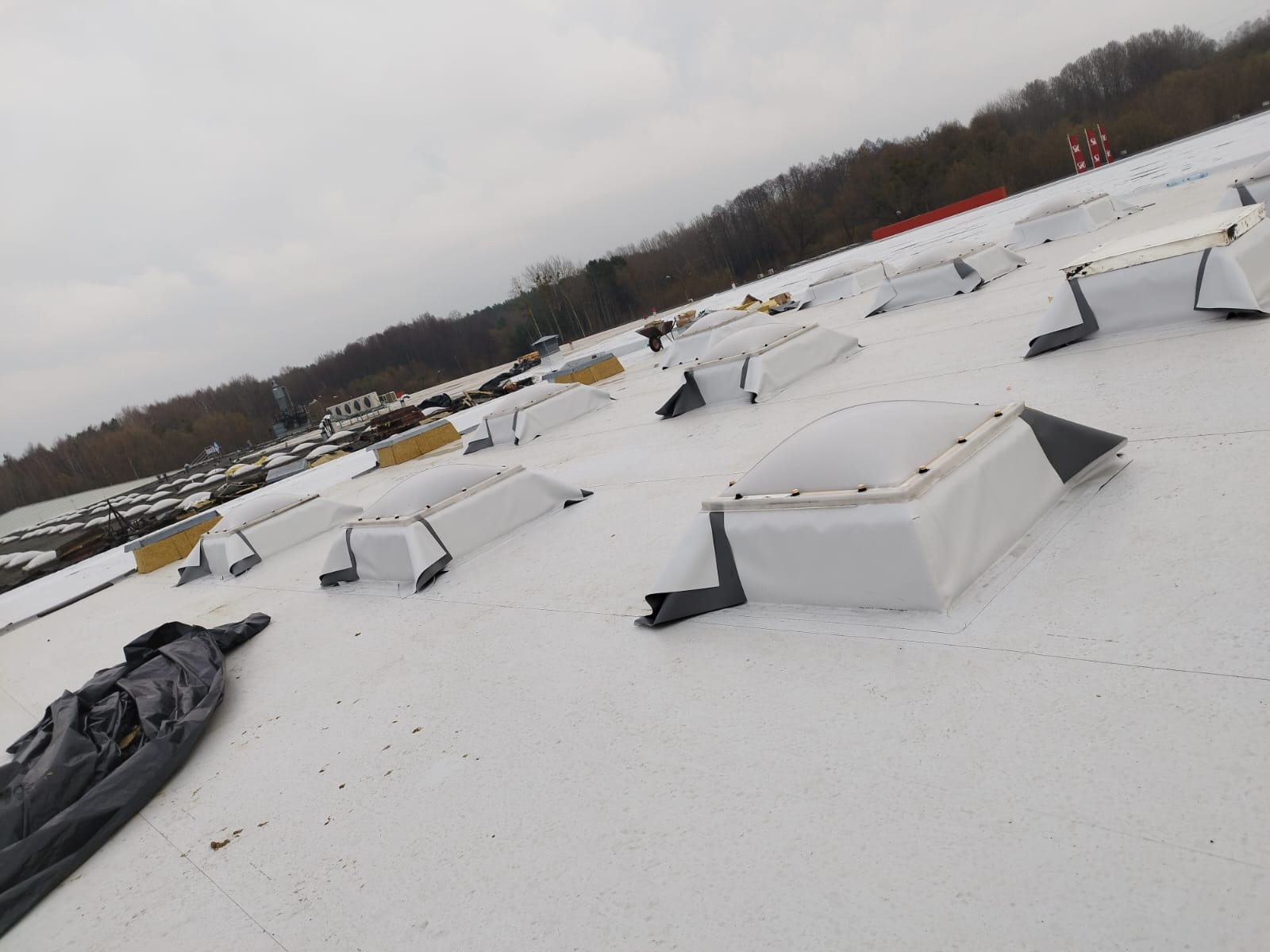 Biały dach płaski z licznymi świetlikami, zabezpieczonymi folią i obróbkami blacharskimi. Widoczny fragment zwiniętej folii. W tle las i słupki z flagami.