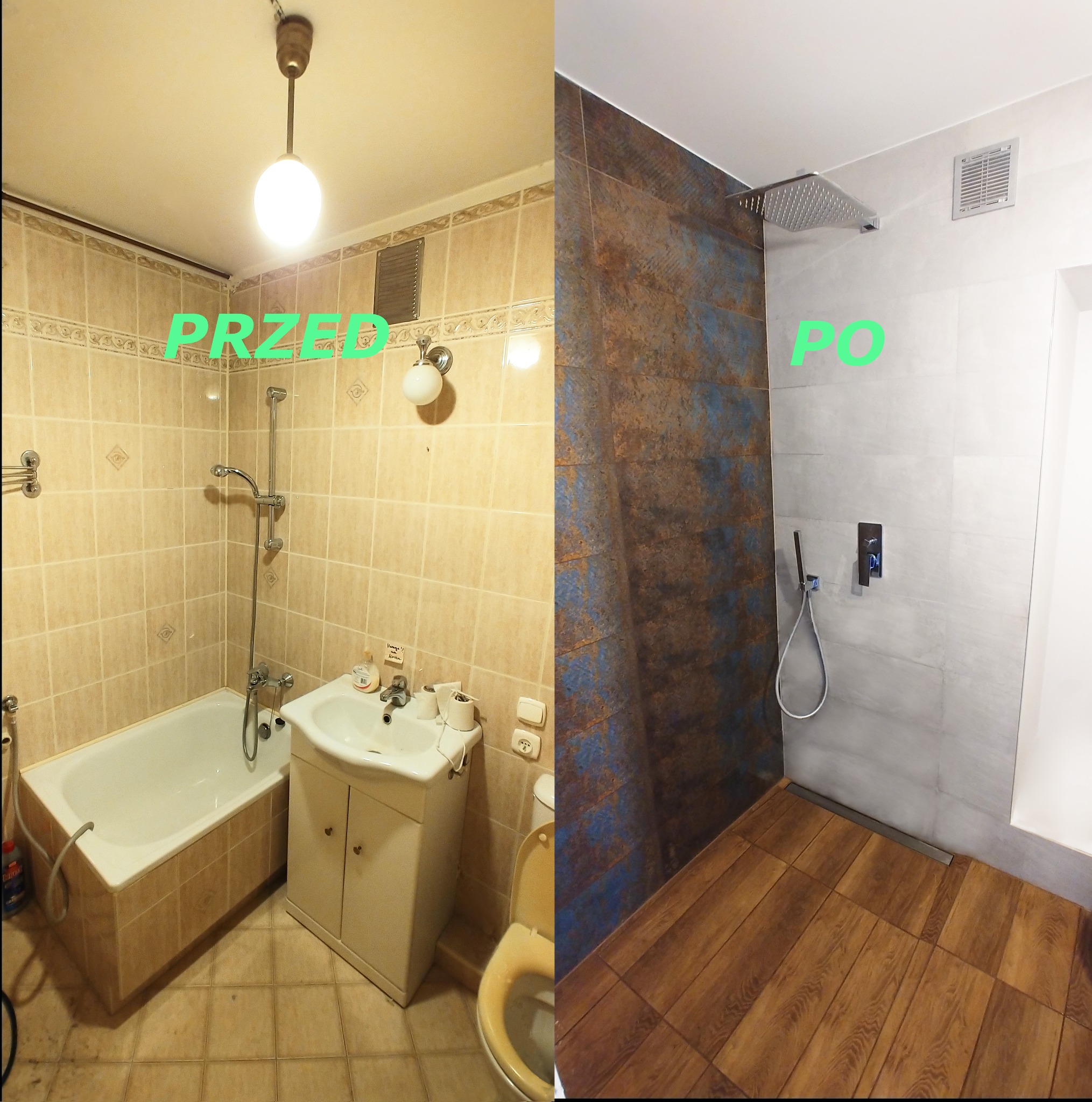 Porównanie łazienki przed i po remoncie: po lewej stronie beżowe płytki, wanna i umywalka z szafką, po prawej nowoczesny prysznic z deszczownicą, płytki imitujące rdzę i drewnopodobna podłoga.