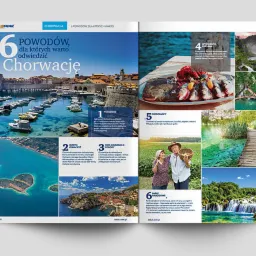 Rozkładówka magazynu podróżniczego prezentująca sześć powodów, dla których warto odwiedzić Chorwację, z widokami na Dubrownik, malownicze wyspy, lokalną kuchnię i parki narodowe. Projekt graficzny...