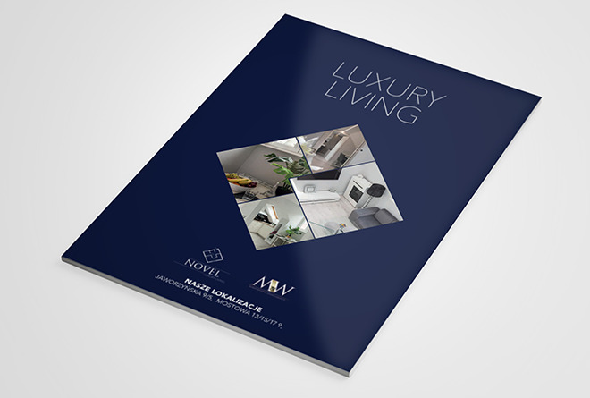 Druk broszury reklamowej 'Luxury Living' z kolażem zdjęć wnętrz, na granatowym tle z logo firm Novel i MW oraz adresem.