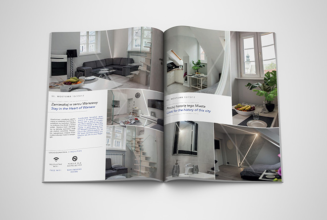 Rozkładówka magazynu prezentująca zdjęcia wnętrz apartamentów w Warszawie z tekstem 'Zamieszkaj w sercu Warszawy' i 'Poczuj historię tego Miasta'.