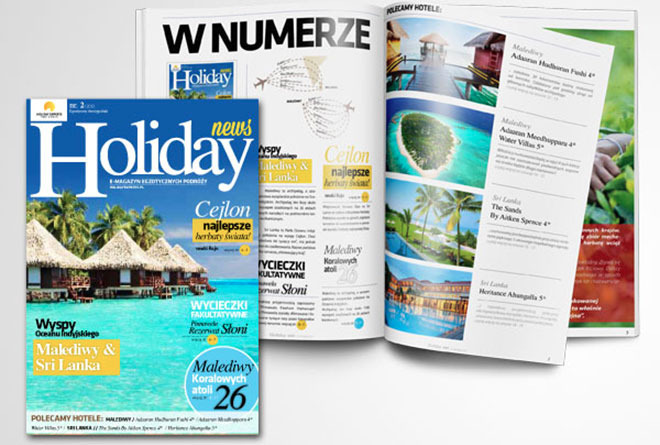 Otwarty magazyn podróżniczy z artykułami o Malediwach i Sri Lance, obok zamknięty egzemplarz z błękitną okładką przedstawiającą domki na wodzie.