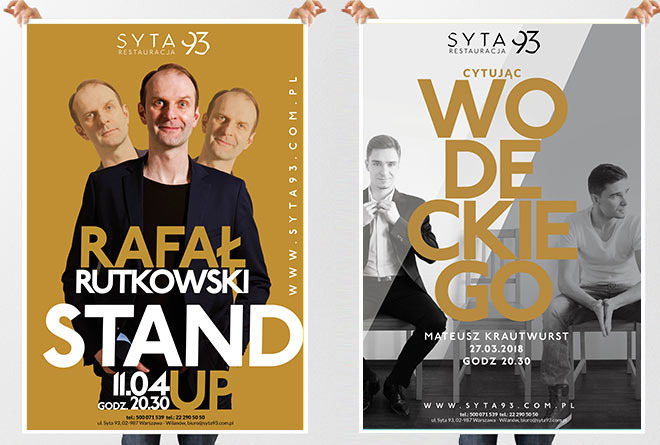 Dwa plakaty reklamowe: złoty plakat stand-up Rafała Rutkowskiego i szary plakat z Mateuszem Krautwurstem, oba promujące wydarzenia w restauracji Syta 93.
