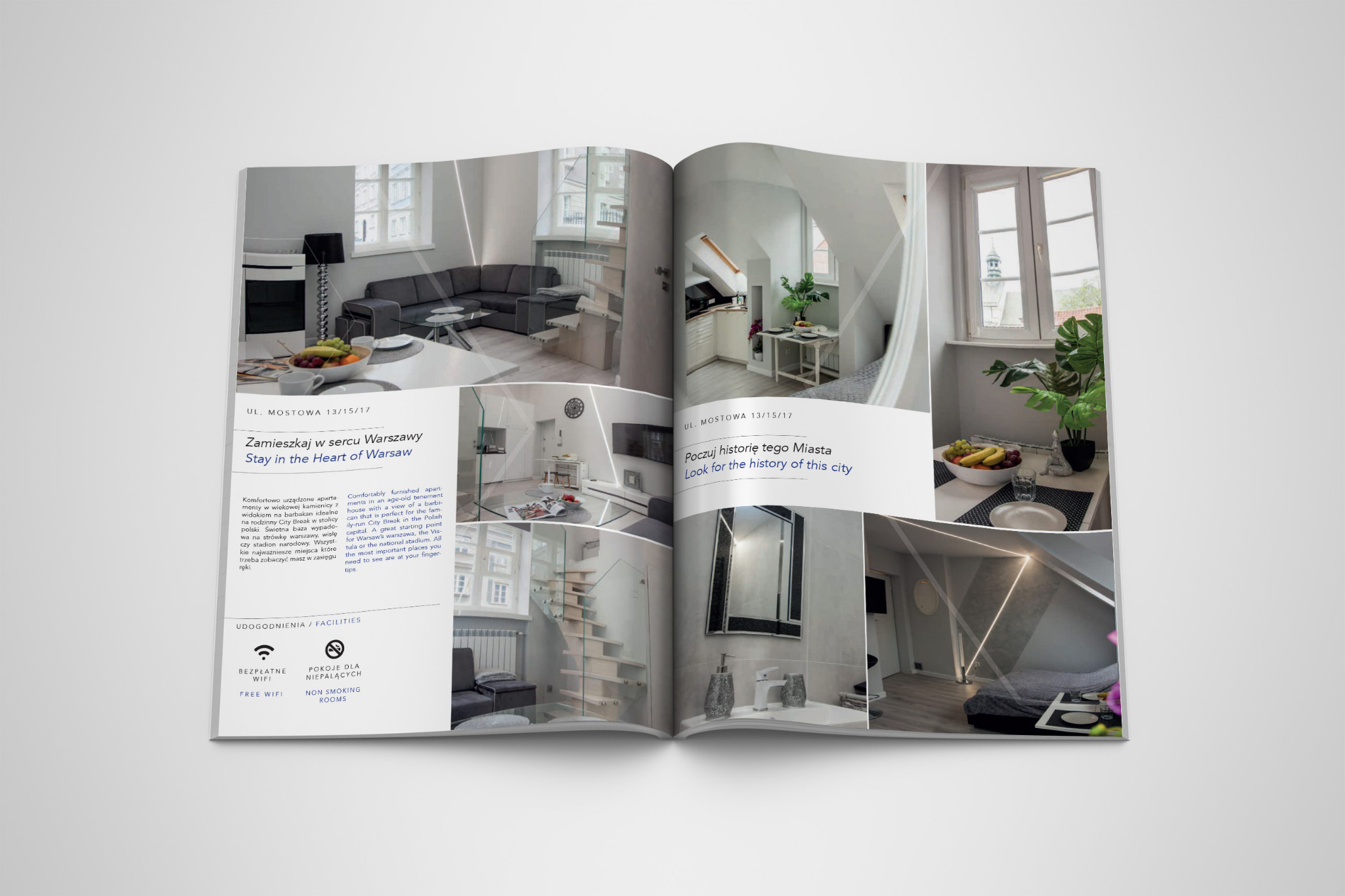 Rozkładówka magazynu prezentująca zdjęcia i opis apartamentów do wynajęcia w Warszawie, z informacjami o udogodnieniach i lokalizacji.