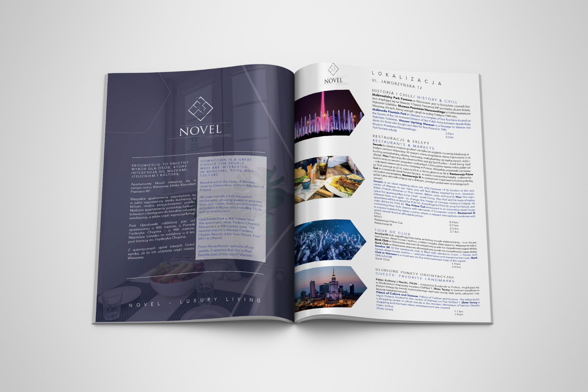 Dwustronicowa reklama drukowana apartamentów Novel Luxury Living w Warszawie, prezentująca logo, informacje o lokalizacji i atrakcjach w pobliżu.