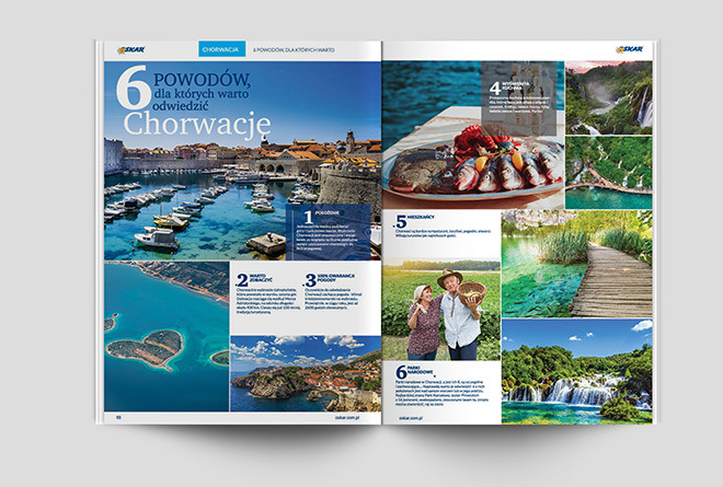 Rozkładówka magazynu podróżniczego prezentująca sześć powodów, dla których warto odwiedzić Chorwację, z widokami na Dubrownik, malownicze wyspy, lokalną kuchnię i parki narodowe. Projekt graficzny...