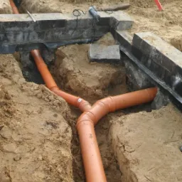 Instalacja pomarańczowych rur kanalizacyjnych w wykopie obok fundamentów budynku. Widoczne elementy szalunku i narzędzia.