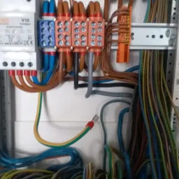 Rozdzielnica elektryczna z widocznymi przewodami różnego koloru, złączkami, bezpiecznikami i ogranicznikiem przepięć, na białym tle.