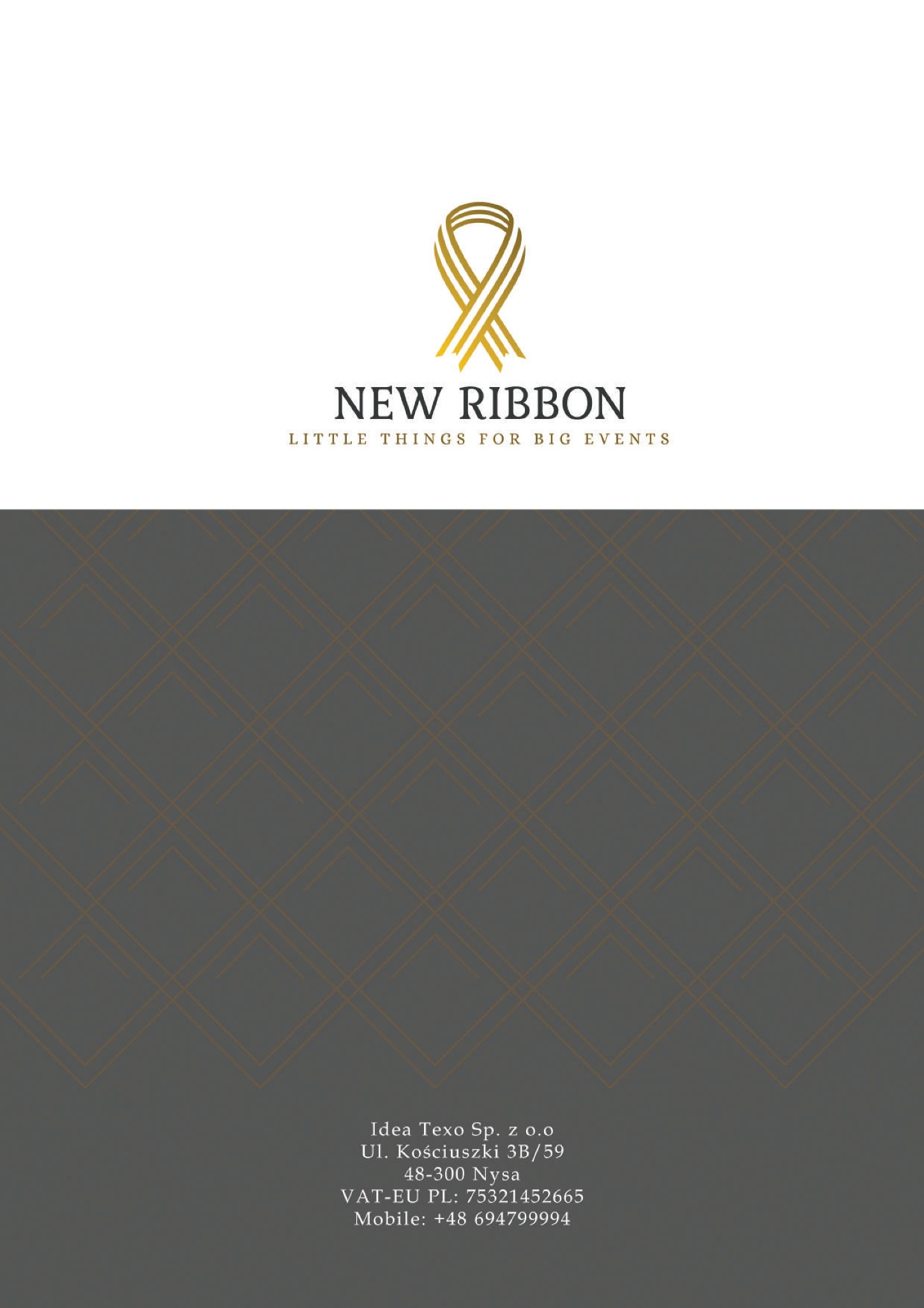 Logo firmy New Ribbon z Nysy, zajmującej się dekoracjami i dodatkami na eventy, przedstawione na tle z geometrycznym wzorem.