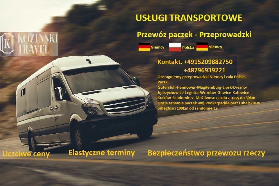 Biały bus transportowy z logo firmy Kozinski Travel na tle drogi, z informacją o usługach transportowych, przewozie paczek i przeprowadzkach Niemcy-Polska-Niemcy oraz danymi kontaktowymi.