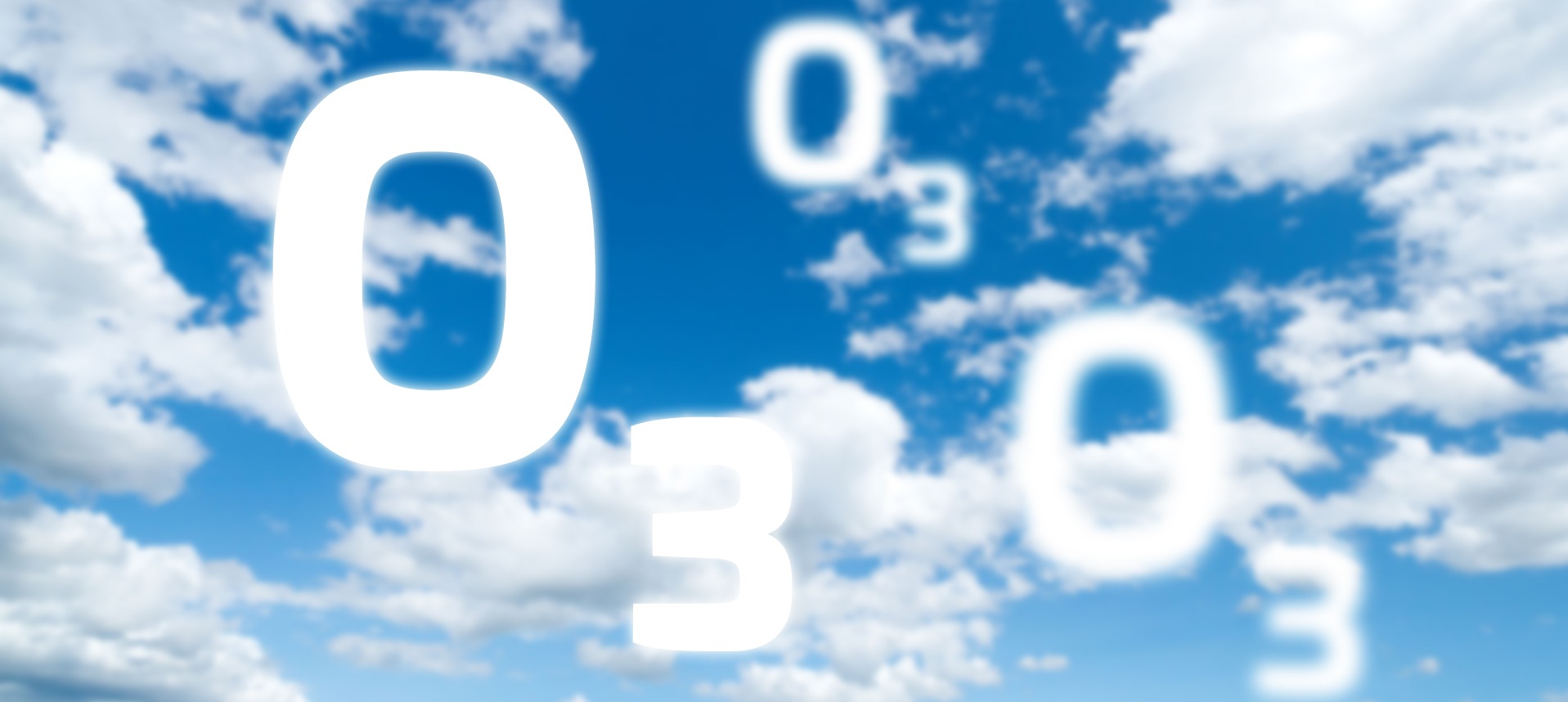 Grafika przedstawiająca wzór chemiczny ozonu (O3) na tle błękitnego nieba z białymi obłokami, sugerująca ozonowanie.