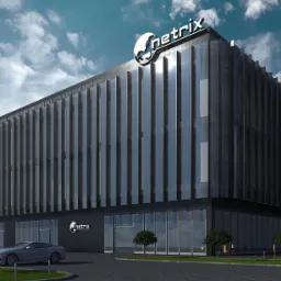 Wizualizacja nowoczesnego budynku biurowego z ciemną fasadą i logo 'netrix' na dachu, zaparkowane samochody osobowe przed wejściem.