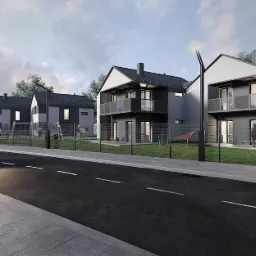 Wizualizacja osiedla domów w zabudowie szeregowej i bliźniaczej z balkonami, widok z poziomu ulicy z przejeżdżającym samochodem, oświetlona latarniami ulicznymi.