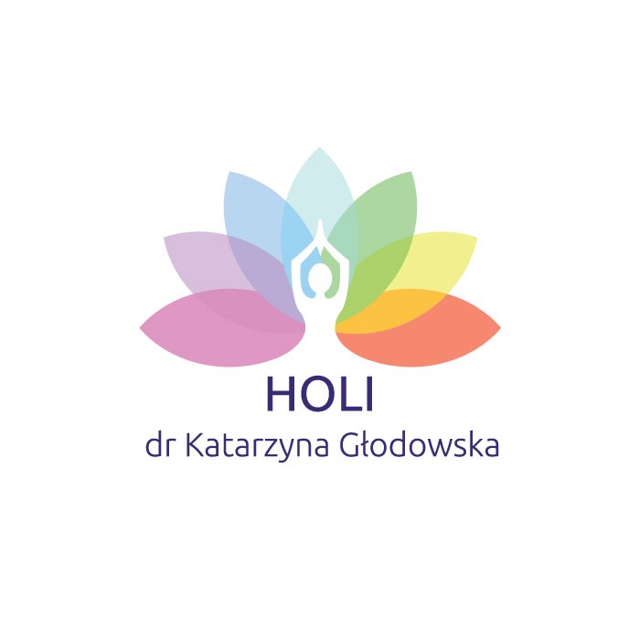 Logo Holi dr Katarzyna Głodowska: stylizowana postać w pozycji medytacyjnej na tle wielobarwnego kwiatu lotosu.