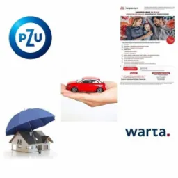 Kompozycja z logotypami PZU i Warta, ulotką z hasłem 'Ubezpieczenie na życie', modelem czerwonego samochodu na dłoni oraz domem pod parasolem.