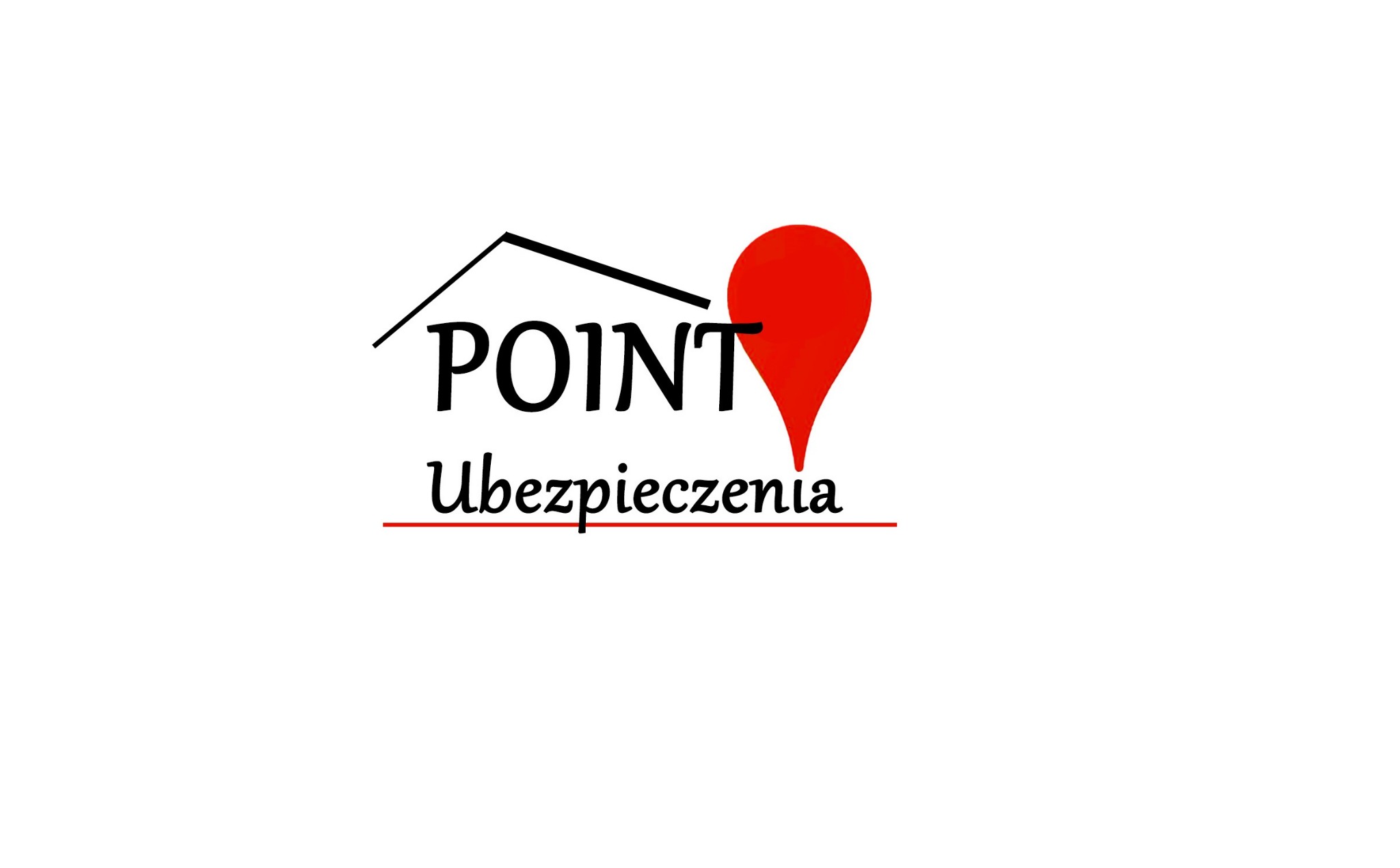 Logo firmy ubezpieczeniowej: czarny napis 'POINT' z symbolem dachu nad 'POINT', pod spodem czerwona linia i napis 'Ubezpieczenia', a obok czerwona ikona lokalizacji.