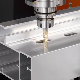 Adboard Sp. z o.o. - Frezarka CNC w trakcie obróbki aluminiowego profilu, widoczny wiór i precyzyjne wycięcie.