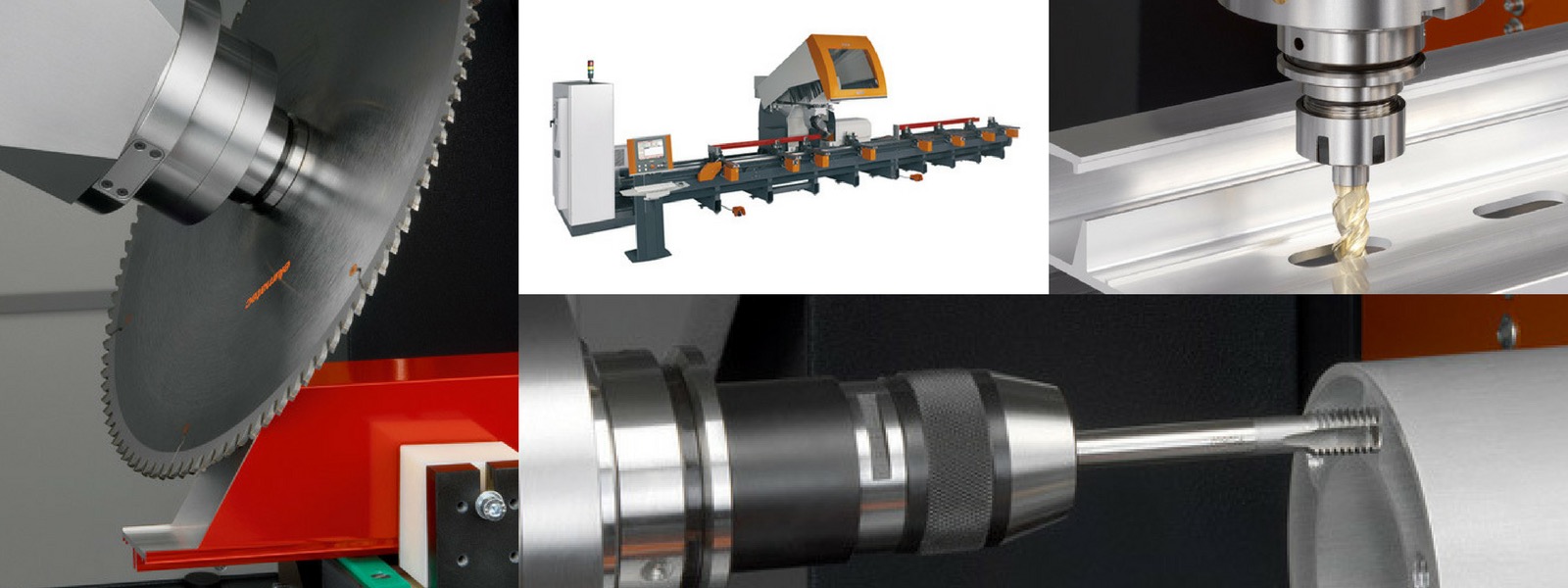 Zestawienie fotografii przedstawiających różnorodne maszyny i narzędzia do obróbki metalu, w tym piłę tarczową, wiertarkę i gwintownik, ukazujące precyzyjną pracę z metalem.