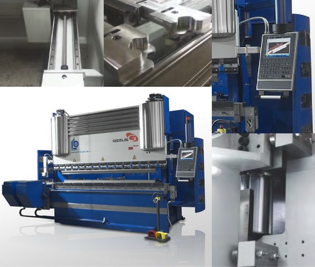 Profesjonalna, niebiesko-srebrna prasa krawędziowa GIZELIS z panelem sterowania, detale mechanizmów i mocowania narzędzi, prezentacja maszyny do obróbki metalu.